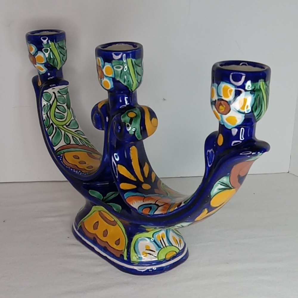 Vintage Signed Talavera Pottery Mexican Folk Art Multicolored Candleabra